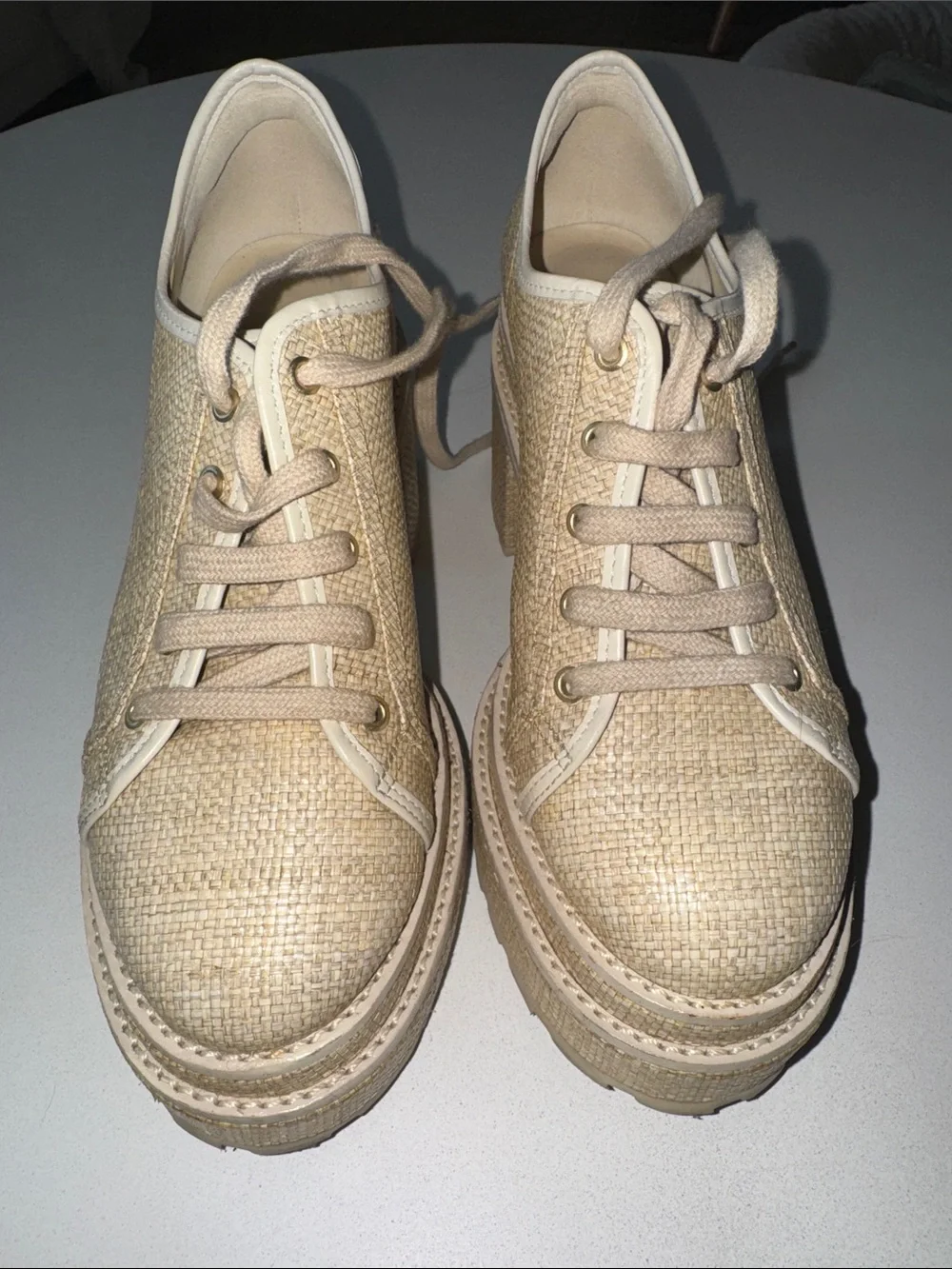 cult gaia Natural Woven Platform Lace-Up Heels